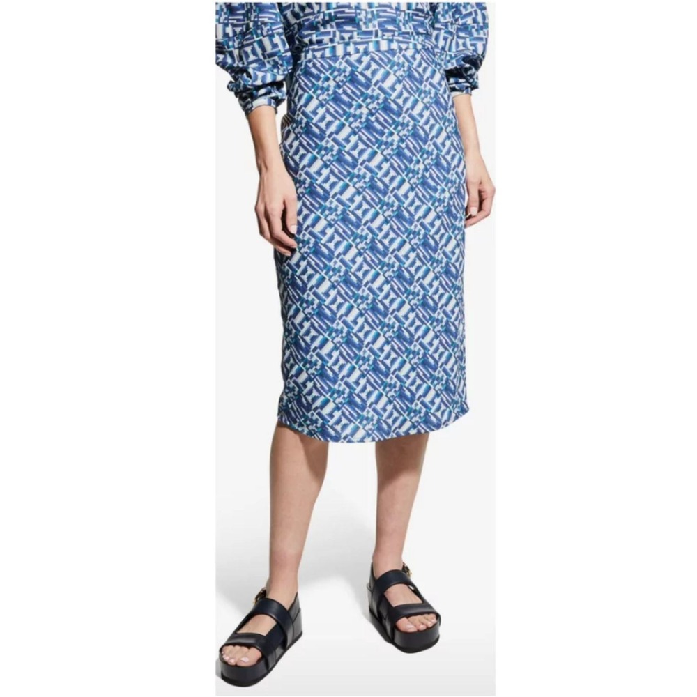 Toccin NY Bias Skirt Women Small Blue Inkgeo Geometric Midi Workwear New